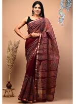 Cotton Maroon  Digital Printed Saree